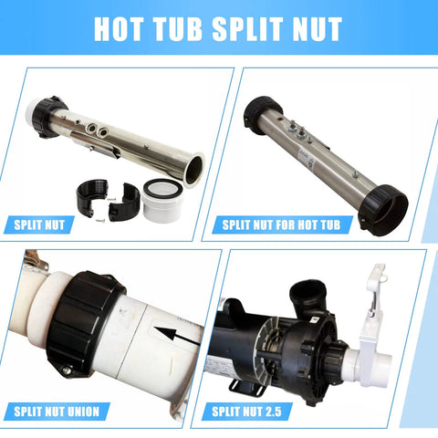 Set of four 2-inch spa hot tub split nut unions with screws and gasket, metal tubes and black plastic nuts.