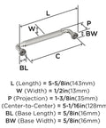 Diagram of Collet 5-1/16 Inch Center-To-Center Polished Nickel Cabinet Pull showing detailed measurements and dimensions.