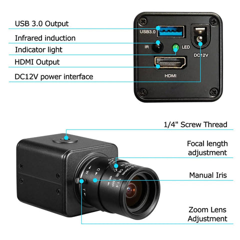 Top Tier 1080p 60fps Usb3.0 Hdmi Dual Output Digital Security Camera showing USB3 and HDMI ports, infrared induction, and lens adjustments.