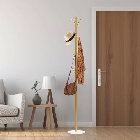 Gold Metal Freestanding Coat Rack With Eight Hooks And Marble Base, Sturdy Coat Tree For Entryway With bags and hat