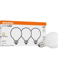 G25 Globe LED Light Bulbs 40W Equivalent, Low 3.5W Power Use, Frosted Soft White 2700K, 325 Lumens, 7 Year Lifespan box and bulb