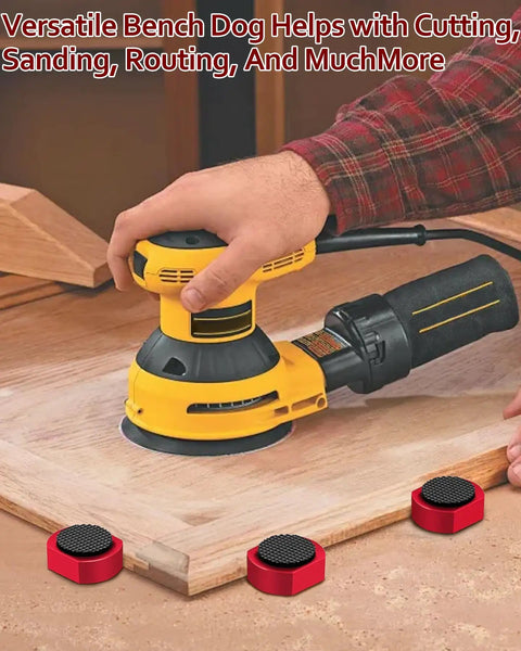 12 Pack Three Quarter Inch Bench Dogs With Non Slip Pads For Woodworking And MFT Tables, shown holding wood on workbench