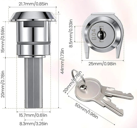Heavy Duty Stainless Steel Cabinet Insert Linkage Drawer Locks with dimensions and two keys for tool chests and shop storage.
