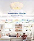 20" Feather Decor Flush Mount Ceiling Fan with Remote in living room, featuring soft white feathers and quiet operation.