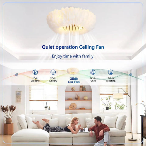 20" Feather Decor Flush Mount Ceiling Fan with Remote in living room, featuring soft white feathers and quiet operation.