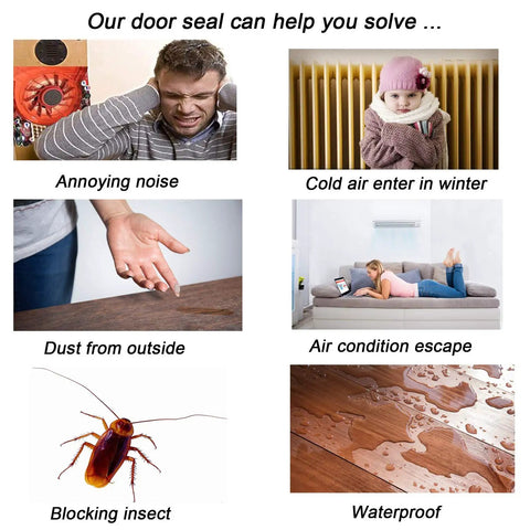 Diagram showing benefits of Self Adhesive Door Sweep Draft Stopper For Interior Doors, such as noise reduction and waterproofing.
