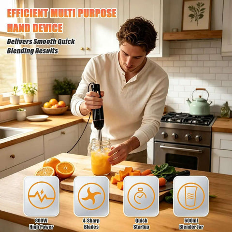Man using 800W Corded Handheld Immersion Blender With Four Sharp Stainless Steel Blades Multi Speed Controls And One Touch Pulse For Effortless Soups And Smoothies Made Easy By This Heavy Duty Kitchen Game Changer Black to blend ingredients in a jar.