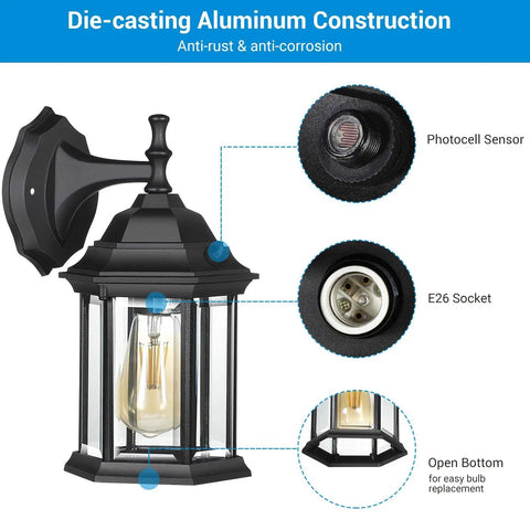 Dusk To Dawn Outdoor Wall Lantern 2 Pack Matte Black Weatherproof Exterior Light Fixture Sconce with photocell sensor and E26 socket