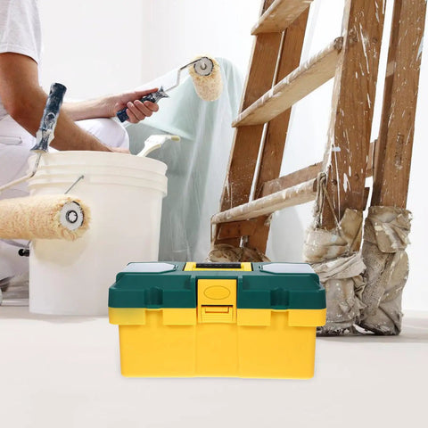 Heavy Duty Plastic Toolbox Organizer With Reinforced Grip For Job Site Hardware And Straight Up Rugged Storage That Keeps Your Gear Locked Down And Ready To Roll Anywhere in a worksite setting with paint tools.