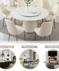 Top Shelf 7 Piece Round Marble Dining Table Set Featuring An Easy Glide Lazy Susan Turntable Accompanied By Six Comfy Cream White Upholstered Chairs made for casual gatherings.