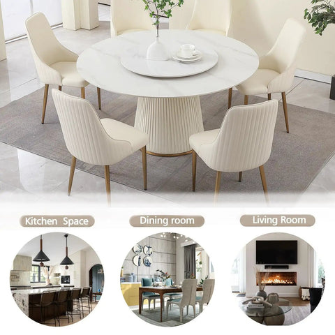 Top Shelf 7 Piece Round Marble Dining Table Set Featuring An Easy Glide Lazy Susan Turntable Accompanied By Six Comfy Cream White Upholstered Chairs made for casual gatherings.