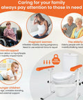 Heavy Duty Toilet Safety Rails For Elderly Free Standing Frame With Adjustable Height And Width Universal Toilet Safety Frame With Arms Supports Up To 520 Lbs Handicap Bathroom Safety Aid For Home Use next to orange icons representing supported users like handicapped, pregnant women, elderly, and young children.