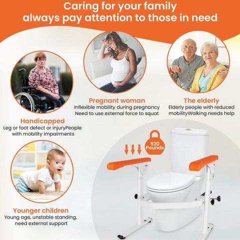 Heavy Duty Toilet Safety Rails For Elderly Free Standing Frame With Adjustable Height And Width Universal Toilet Safety Frame With Arms Supports Up To 520 Lbs Handicap Bathroom Safety Aid For Home Use next to orange icons representing supported users like handicapped, pregnant women, elderly, and young children.