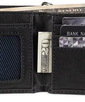 Rugged RFID Leather Bifold Chain Wallet For Men In Pebbled Black, open with card slots and ID window showing logo.