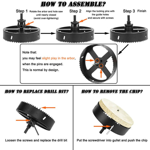 Assembly instructions for Bi-Metal Six And A Quarter Inch Hole Saw Kit With Dust Bowl Catcher For Recessed Lighting Pro Grade