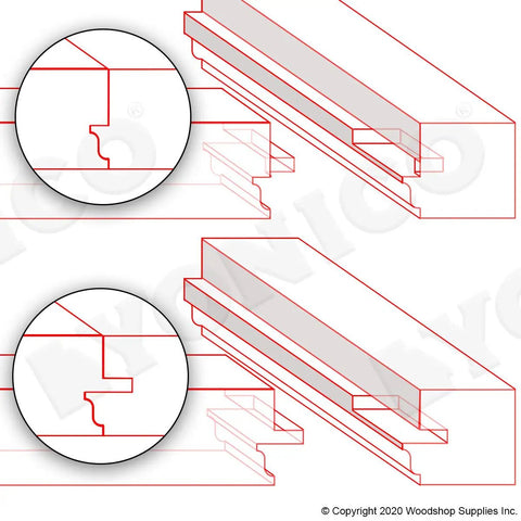Technical diagram of Window Sash Router Bit Set, Carbide Tipped Ogee Profile, Three Piece Half Inch Shank For Table Mount Routers