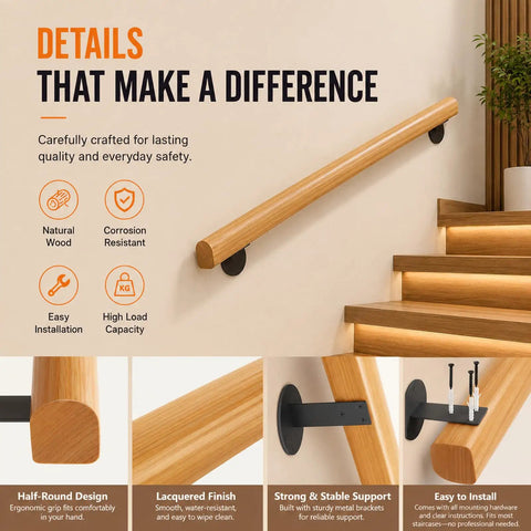 Real Deal Pine Wood Stair Handrail With Smooth As Butter Grip And Rock Solid Metal Brackets Guaranteed Indoor Guardrail Kit for safe stair navigation.