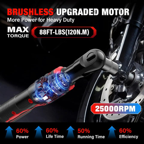 Three Eighths Inch Cordless Ratchet Wrench Set With Brushless Motor Delivers 88 Ft Lbs Torque At 500 RPM On A 20V Battery showing a 3/8 in drive ratchet on a wheel