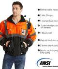 High Visibility Reflective Work Jacket For Men, Waterproof ANSI Class 3 Hi Viz Orange Coat With Pockets, fleece lining, Medium