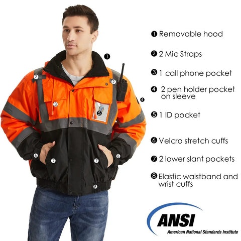 High Visibility Reflective Work Jacket For Men, Waterproof ANSI Class 3 Hi Viz Orange Coat With Pockets, fleece lining, Medium