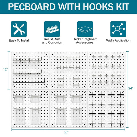 Peg Board Kit With Hooks And Bins For Wall Organizer Ideal For Office And Craft Rooms Display Ornaments And Keepsakes Includes Pegboard And Accessories For Easy DIY Storage And Awesome Organization, showing various configurations and sizes.