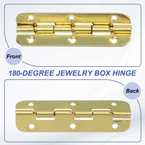 Badass Tough 90 Degree Small Piano Hinges For Jewelry Boxes And Woodworking Crafts Gold Tone Steel Build With Mounting Screws Smooth Pivot Pack Of 4 front and back view