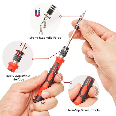 Hands using All In One 122 In 1 Precision Electronics Screwdriver Kit With 101 Magnetic Bits And 21 Essential Tools In A Portable Case Red