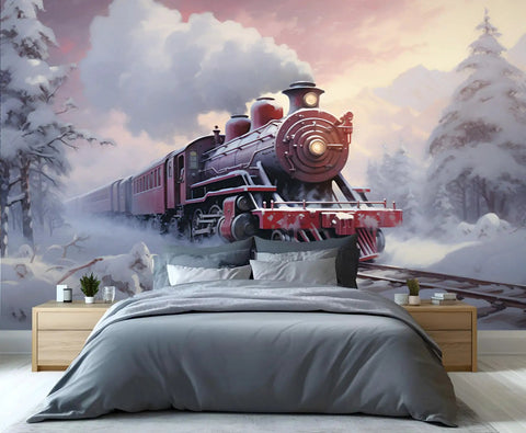Steam Engine Train Wallpaper Mural For Living Room And Boys Room Removable Locomotive Wall Covering Retro Large Train Murals Christmas Theme Easy Install With Pre Cut Strips For Renters For Dope Home Decor
