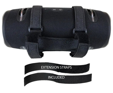 Bad Ass Jumbo Bluetooth Speaker Mount For Utv Sxs Golf Cart And Wakeboard Tower With Grippy Wrap Straps showing rolled speaker with extension straps.