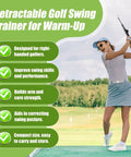 Woman using Retractable Golf Swing Trainer With Audible Click Feedback For Realistic Swing Right Handed Grip Trainer on sunny golf course