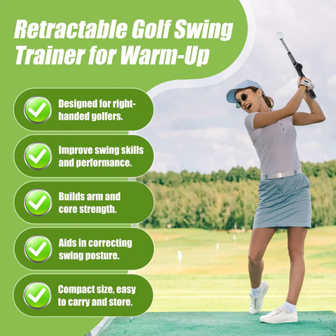 Woman using Retractable Golf Swing Trainer With Audible Click Feedback For Realistic Swing Right Handed Grip Trainer on sunny golf course