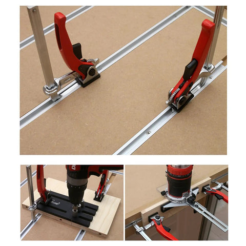Pro Grade Aluminum T Slot Miter Jig for Woodworking and Router Trimming, red miter track rails and screw chutes in use