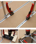 Aluminum T Slot Miter Jig Tool for woodworking, router trimming, saw guide with screw chutes and rails shown in use on workbench