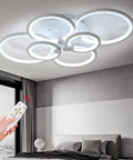 Six Ring LED Ceiling Light With Remote Control Dimmable White Flush Mount Fixture in modern bedroom setting