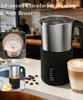 Boss Level Milk Frother And Steamer 4 In 1 Instant Foamer with stainless steel detachable cup and heating options, on kitchen counter.