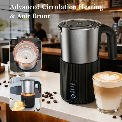 Boss Level Milk Frother And Steamer 4 In 1 Instant Foamer with stainless steel detachable cup and heating options, on kitchen counter.