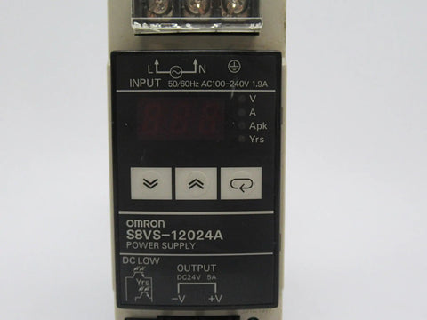 Front view of DIN Rail Power Supply 24V 5A 120W Enclosed Switch Mode With Under Voltage Alarm, inputs labeled, control buttons.