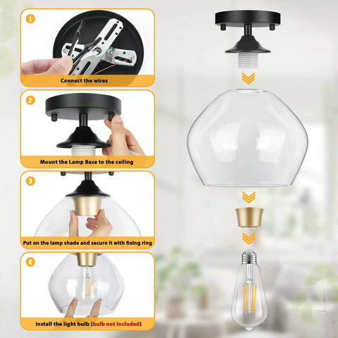 Installation steps for Modern Semi Flush Mount Ceiling Light With Clear Glass Shade, Industrial Fixture In Black