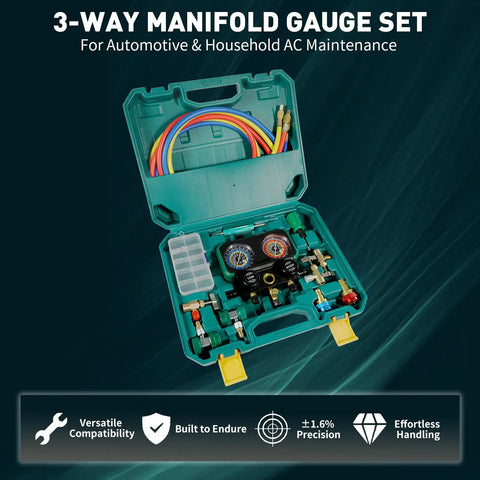 All In One Three Way AC Manifold Gauge Set With R1234yf R134a R404a Compatibility Quick Couplers and hoses in case