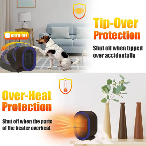 Matte Purple PTC Ceramic Space Heater with thermostat shown in room with safety features for tip-over and overheat protection