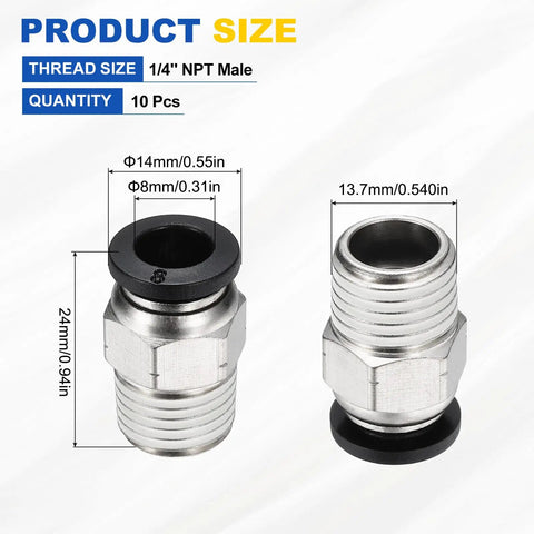 10 Piece Push To Connect Fittings For 0.31 Inch OD Tubing One Quarter NPT Male Nickel Plated Brass Straight Pneumatic Adapters No Fuss Plug And Play Air Line Quick Connect Black, front and side view with measurements.