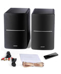 R1280T Powered Bookshelf Speakers For Studio Monitoring 2.0 Active Near Field Monitors With Dual Aux And RCA Inputs Crisp Punchy Sound 42 Watts RMS Black, shown with remote and cables