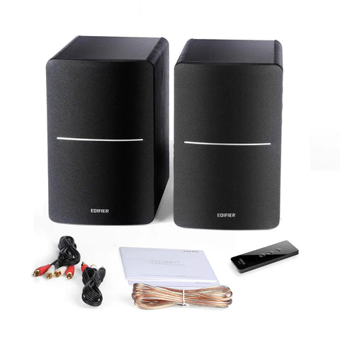 R1280T Powered Bookshelf Speakers For Studio Monitoring 2.0 Active Near Field Monitors With Dual Aux And RCA Inputs Crisp Punchy Sound 42 Watts RMS Black, shown with remote and cables