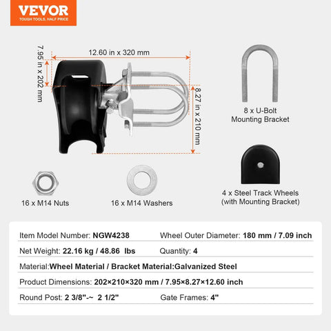 Workhorse Sliding Gate Kit With U-Shaped Wheel Groove, Heavy Duty Cantilever Gate Hardware, showing track wheel and brackets