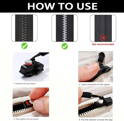 Universal Zipper Repair Kit 18 Pcs With 3 Size Replacement Zipper Pullers For 3 5 8 Nylon Plastic Metal Zippers installation guide