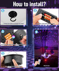 Installation guide for Lit Rotating 6 Inch Mirror Ball Party Light With Motor, 12 RGBW Colors, remote, and power setup