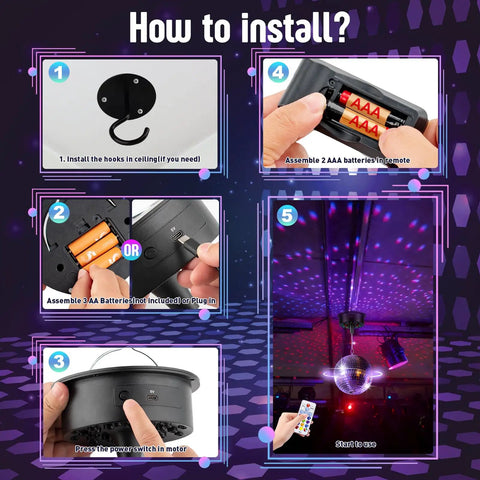 Installation guide for Lit Rotating 6 Inch Mirror Ball Party Light With Motor, 12 RGBW Colors, remote, and power setup