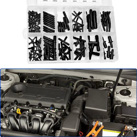 VIKKSAER nylon vacuum hose connector kit, 115-piece, installed in engine bay with storage case.