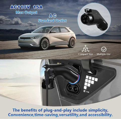 Portable V2L Converter For Electric Vehicles Morphs Charging Port Into Legit US AC Outlet with attached vehicle EV plug.