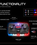 Elite Hands Free Safety Light With Infrared Hybrid Beams Front Red Blue White And Rear Red Blue Rechargeable Magnetic Wearable Flashlight showing buttons and features.